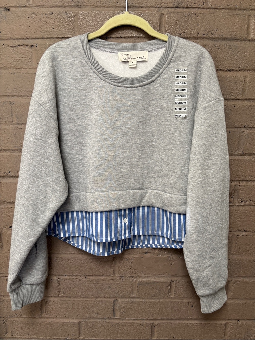 Vintage Gray NWT Crewneck Sweatshirt with Blue Striped Shirt Hem M